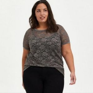 Torrid Sheer Lace Mesh Layering Tee Crew Neck Short Sleeve Floral Emo Grey 1X
